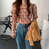 Langärmliges Basic-Chiffonhemd mit Retro-Blumenmuster